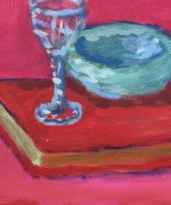 Donne Dijkhorst, stilleven met rood boek, acryl op paneel, 20x25